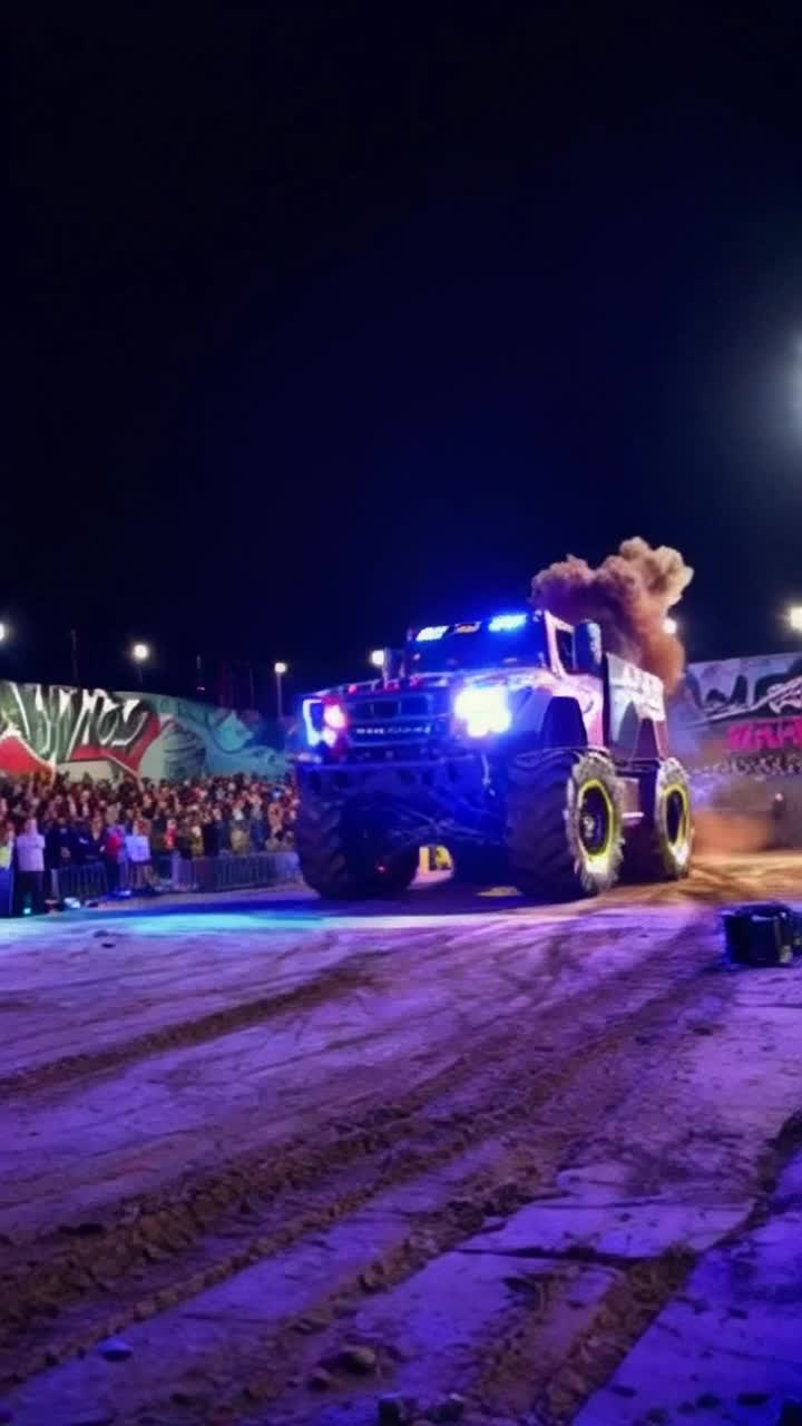 Colossal monster truck with vibrant armor gleaming under neon lights thunderously roars forward crushing pavement beneath massive wheels sparks erupting from undercarriage illuminating the scene glowing graffiti-covered walls vibrant crowd in awe surrounding the arena pulsating with energy flashing lights and booming music enhancing the atmosphere of excitement