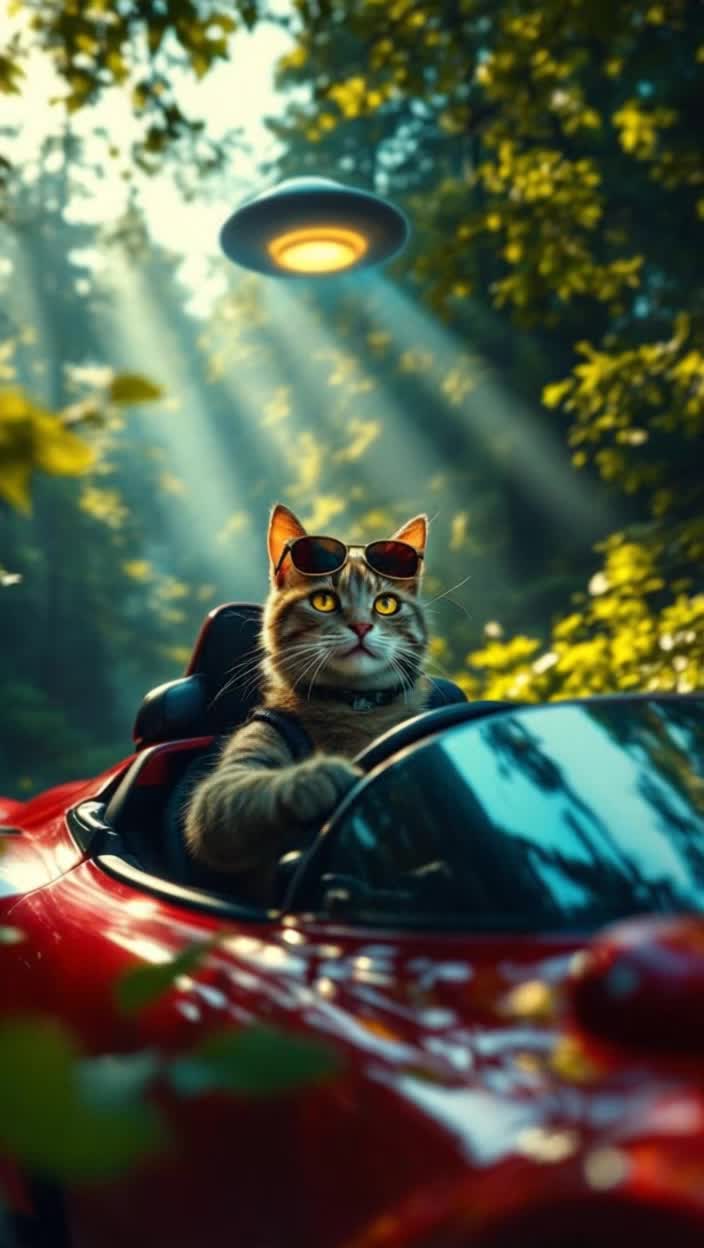 Cool cat in flashy sunglasses behind steering wheel of sleek red sports car speeding through dense vibrant forest racing against a menacing glowing UFO hovering above tall trees with beams of light piercing through thick foliage sunlight filtering through leaves creating a kaleidoscope of shadows on the forest floor adrenaline pumping as leaves swirl in the wind engine roaring through winding paths of natures playground