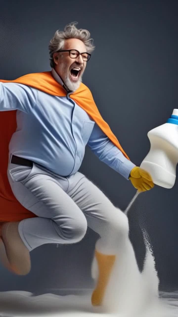 Laundry detergent figure soaring through sky vibrant blue cape fluttering behind him unleashing waves of frothy bubbles cascading through air transforming surroundings into spotless landscapes sparkling clean streets dazzling sunlit parks