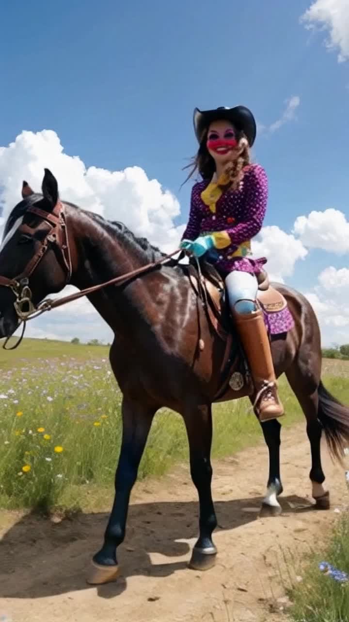 Enchanting cowgirl clown adorned in vibrant Western attire featuring polka dots and sequins radiating charm and whimsical flair galloping on a sturdy horse with flowing mane showcasing effortless confidence captivating onlookers with sparkling eyes and infectious grin under a bright blue sky painted with fluffy white clouds expansive open prairie dotted with wildflowers swaying gently in the breeze creating a lively atmosphere filled with laughter and joy as sunlight filters through the trees casting playful shadows making the scene come alive