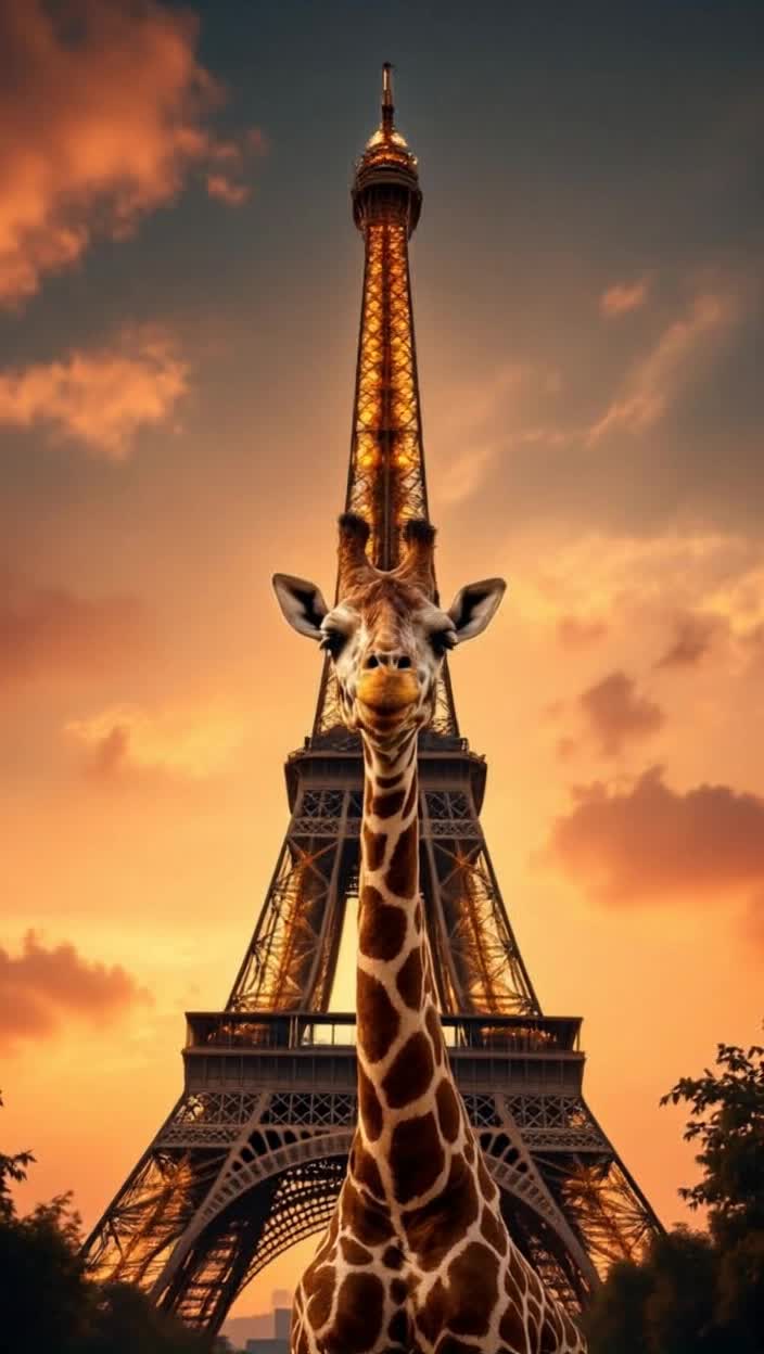 Giraffe standing in front of Eiffel tower 