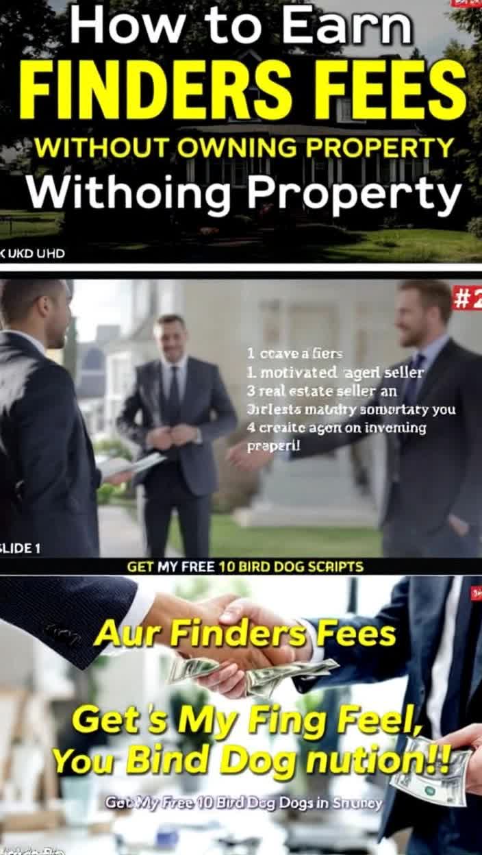 Bold headline bursting with energy How to earn finders fees without owning property Three engaging slides Step 1 Showcase a charming house photo capturing a motivated sellers essence Step 2 Highlight a confident handshake illustrating the perfect match with an investor Step 3 Visualize a dynamic money transfer symbolizing the finders fee in motion End screen features vibrant text Get my free 10 Bird Dog Scripts link in bio Bright clean visuals animated captions dancing on screen Upbeat pop music elevating the tutorials excitement
