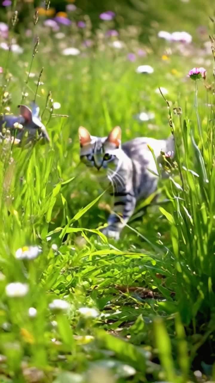 Miniature cat with oversized eyes agilely dashes through lush green grass blades evading a comically large mouse with exaggerated features scurrying behind him sunlight glimmers on vibrant wildflowers surrounding the action creating a whimsical atmosphere in this enchanting tiny world birds flutter overhead adding dynamic movement to the serene backdrop
