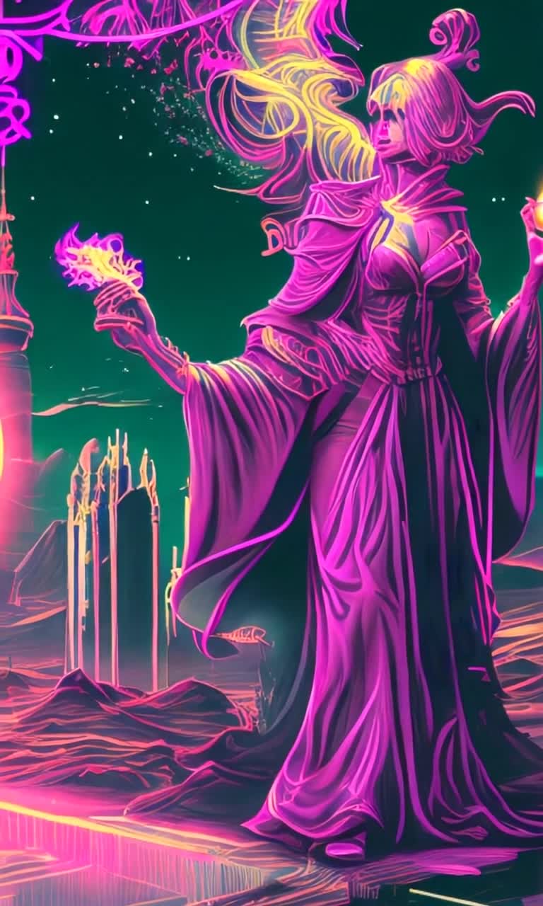 Celestial figure cloaked in radiant robes holding a neon trumpet Surrounded by pixelated souls emerging vibrantly from glowing waters Transcendent expressions reflecting remorse realization awakening Gleaming skyscrapers loom in the backdrop pulsating with electric hues Echoing past challenges illuminated by the neon promise of redemption Synthwave cosmos pulsates rhythmically breathing life into every frame Ethereal sounds envelop the scene resonating with the heartbeat of digital realms Entrancing visuals invite deep reflection on cycles of renewal Journey through vivid landscapes exploring themes of accountability personal growth in this neonlit odyssey