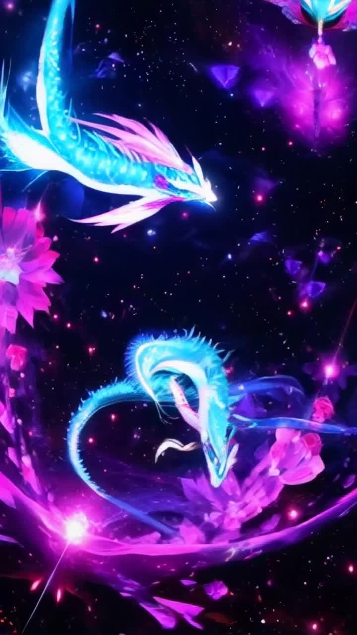Vibrant DMT dragons swirling with kaleidoscopic colors two majestic creatures enraptured in intricate patterns glowing energetically Flashes of light dance across their scales while they weave through the phone screen mesmerizing viewers Mental landscapes explode in the background lush fields of geometric flowers and ethereal landscapes shimmer with cosmic energy inviting exploration inner realms filled with swirling galaxies and mystical symbols enticing connection to the unknown