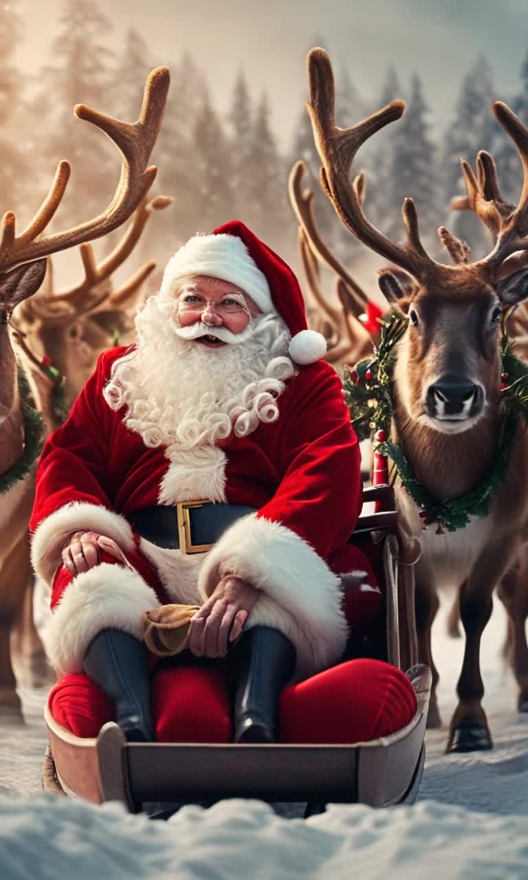 Jolly Santa Claus in his sleigh with reindeers