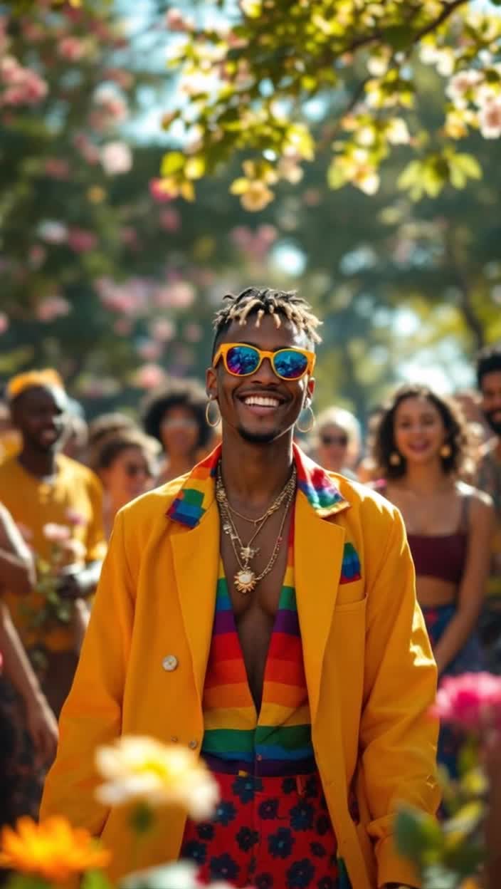 Vibrant individual adorned in colorful attire radiating confidence Surrounded by a diverse group of people inspired by this unique presence Growing atmosphere of acceptance and celebration in a sunlit park where blossoms dance in the gentle breeze Laughter fills the air as shadows intertwine under the warm sunlight Embers of motivation igniting in hearts and minds as the crowd begins to reflect their own vibrant identities