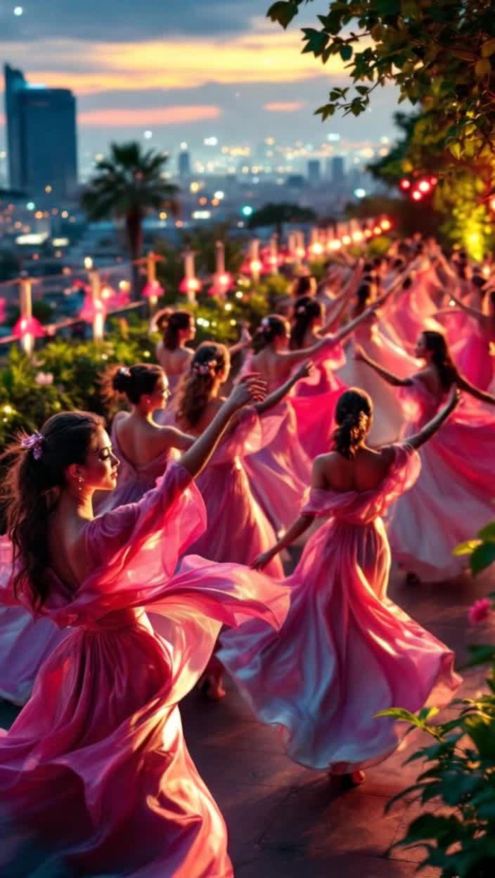 Dozens of Glistening graceful women twirling in flowing silk dresses vibrant colors radiating elegance and charm twinkling lights illuminating the night sky enchanting rhythms echoing through the air mesmerizing movements captivating onlookers vibrant urban rooftop adorned with lush greenery as a backdrop shimmering city skyline stretching into the horizon