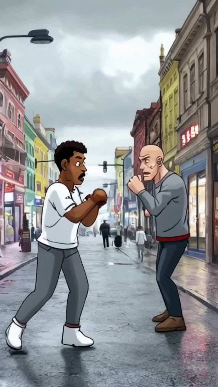 Cartoon African American man wearing gray sweatpants and white t-shirt lunges forward narrowly escaping fist swung by bald Asian man tightly-clenched jaw veins bulging with determination Vibrant city street filled with colorful storefronts swarming pedestrians bustling about overcast sky hints at impending rain distant car horns blur in motion adding intensity to dynamic scene