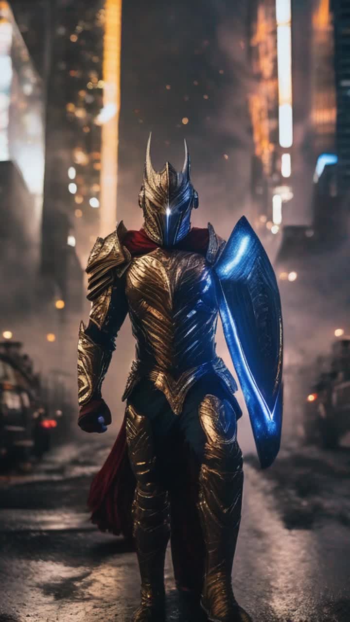 Mighty warrior clad in shimmering armor stands resolute amidst ominous skyscrapers Ready to unleash a breathtaking battle cry that echoes through the night sky Surroundings immersed in swirling shadows illuminated by dazzling flashes of light vibrant city lights flicker like stars amidst encroaching darkness creating an electric atmosphere filled with palpable tension