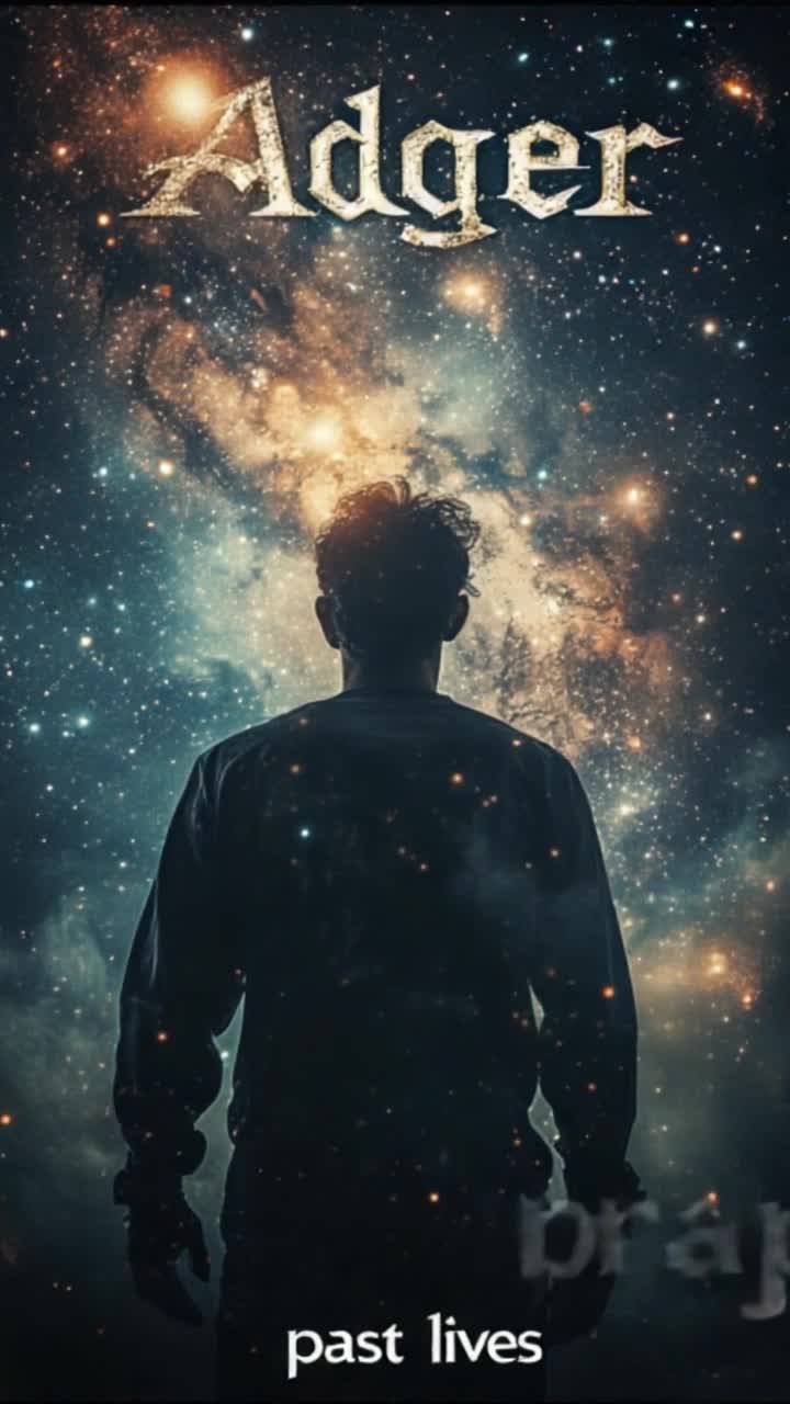 Music visualizer, looped 10 second video, galactic background zooms, silhouetted character lightly breathing, text stays in place