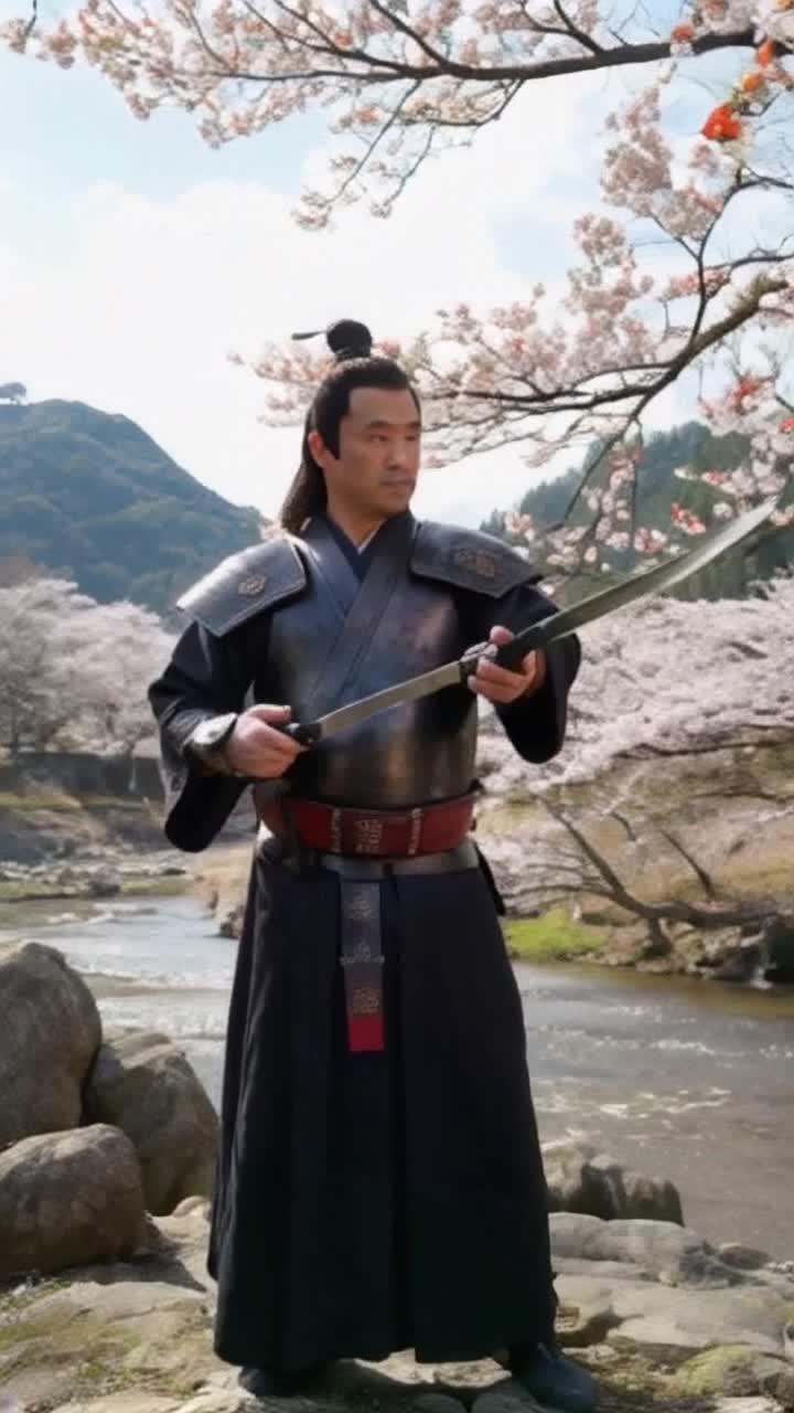 Elegant samurai warrior in intricately detailed armor gliding through motions with a gleaming katana Fluidly executing precise iaido techniques as vibrant cherry blossoms dance around him Majestic mountains rise in the background kissed by soft sunlight while a tranquil stream flows gently nearby Creating an atmosphere of harmony and discipline