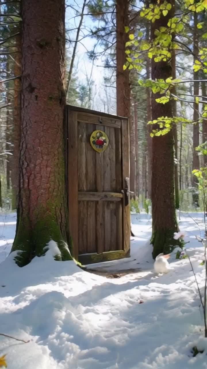 A door appears in a big tree in a snowy  forest in winter, the door opens to an entry to another realm that appears to be the same forest but it is summer and flowers are in full bloom, sun shines on the bright and dark greens of foliage and birds fly, squirrels run around the ground and on branches as a white rabbit runs out of the gray cold and  into the happy warmth