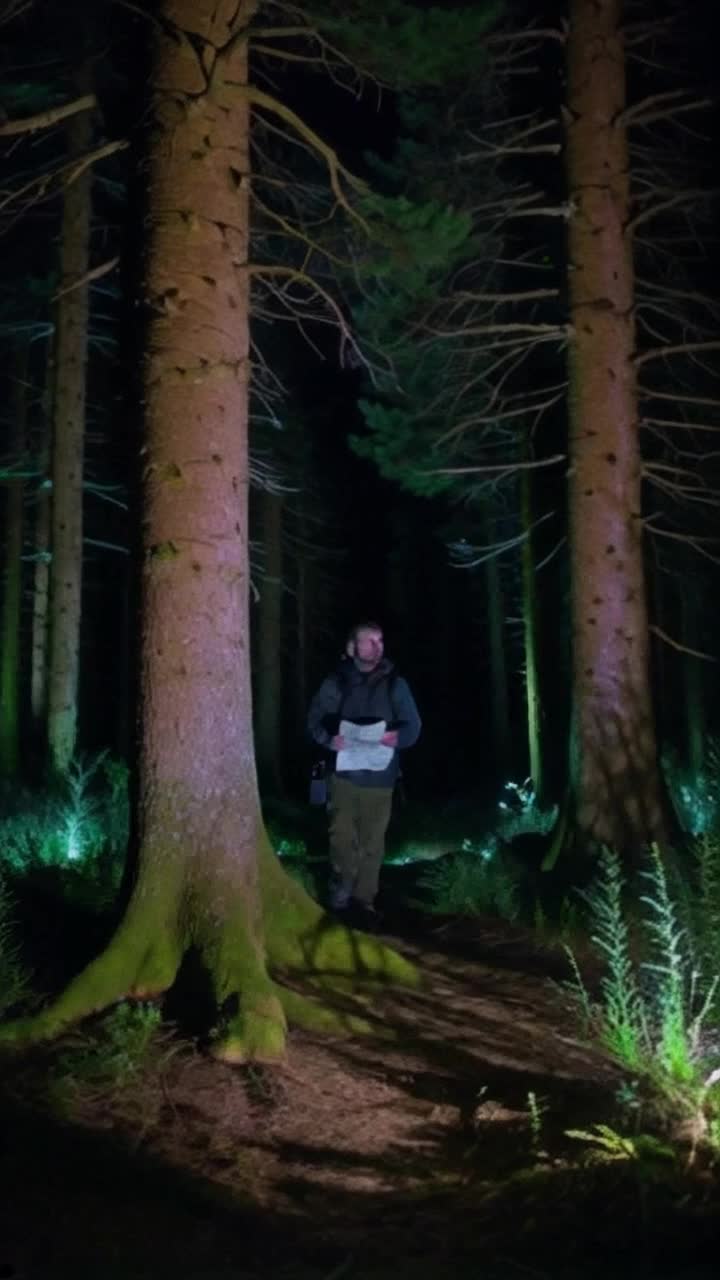 Paranormal outdoorsman clad in rugged gear darting through an enchanting dense forest filled with towering ancient trees glowing softly under moonlight Shortround his quirky sidekick stumbling behind with a crumpled map in hand glancing nervously at shadows flickering between branches heightened senses alert to otherworldly whispers around them vibrant bioluminescent plants illuminating their path creating an atmosphere of mystery and suspense as night creatures stir in the underbrush