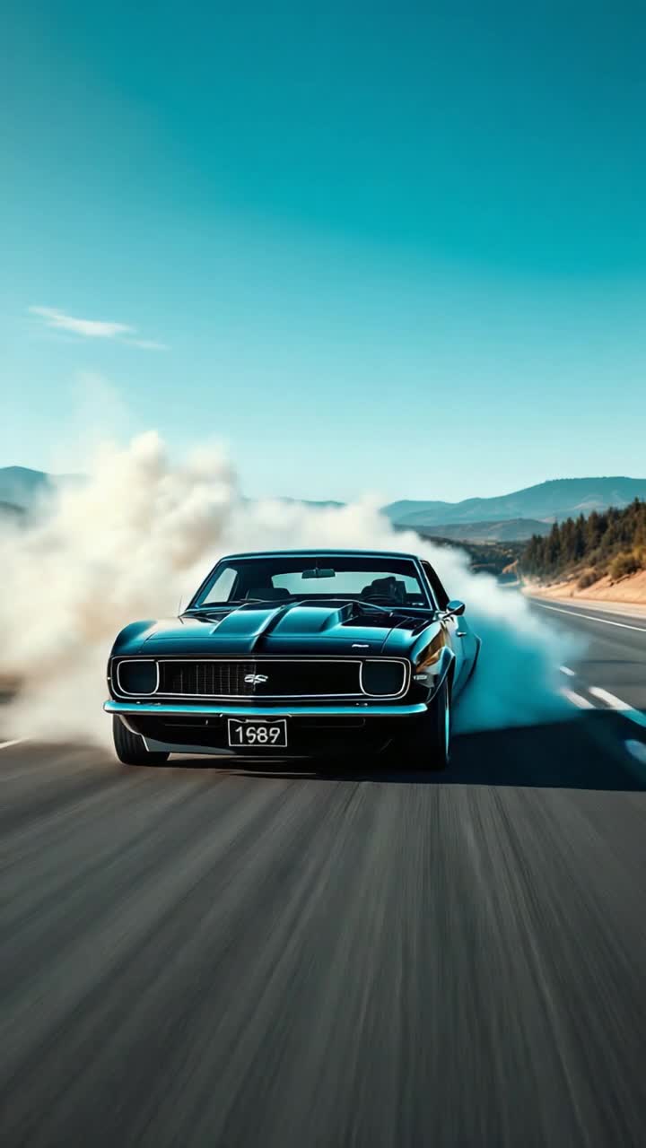 The 1968 Camero muscle car zooms down the straight road speeding fastly detailed smoke 