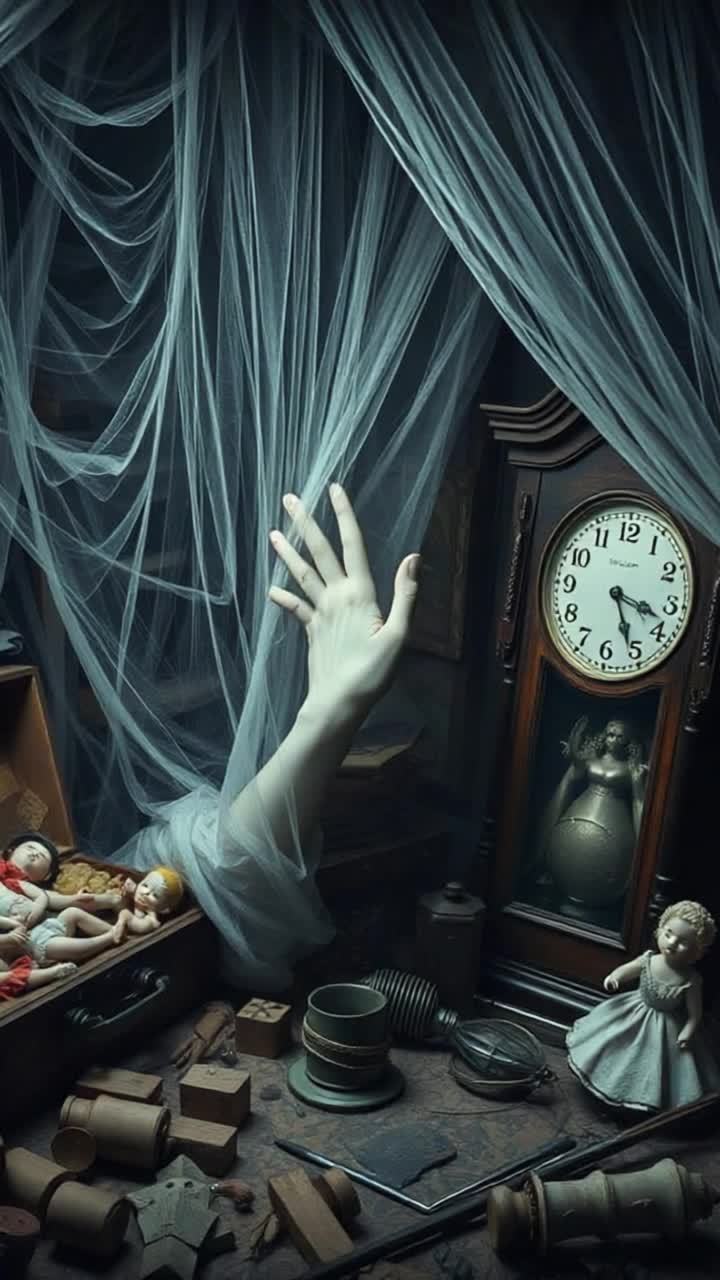 A dustchoked attic filled with forgotten belongingsan overturned toy chest spilling faded dolls and wooden blocks, a music box with a cracked porcelain ballerina, and an old grandfather clock stopped forever at 313 A single gold ring sits in a velvetlined box, tarnished with age The light from the attic window filters through grime, casting elongated shadows Amidst the clutter, a ghostly hand reaches from beneath a blanket of cobwebs to press lightly on the broken clocks face The air is chargedsomething ancient has stirred, summoned by sorrow stitched into the very objects once loved Gothic, melancholic, and deeply symbolic