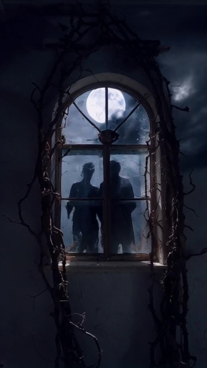 Eerie cracked window surrounded by twisting dark vines reflecting ghostly moonlight Terrifying silhouettes press against glass as shadows writhe and shiver Unearthly whispers echo through night air chilling spine Tattered curtains flutter ominously in cold breeze while storm clouds gather above