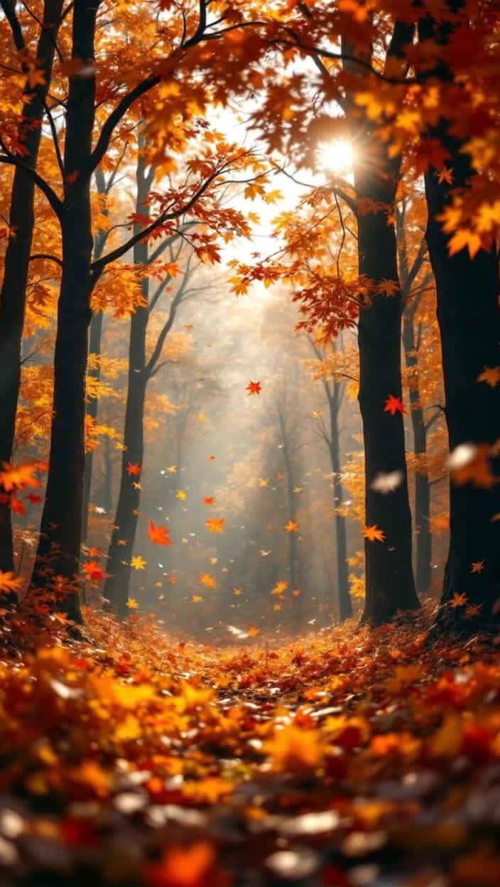 Vibrant leaves in fiery orange yellow crimson hues dance gracefully through the crisp air A gentle breeze stirs the foliage creating a mesmerizing whirl of colors Silhouetted trees rise majestically against a warm golden sky as sunlight filters through branches casting playful shadows on the ground
