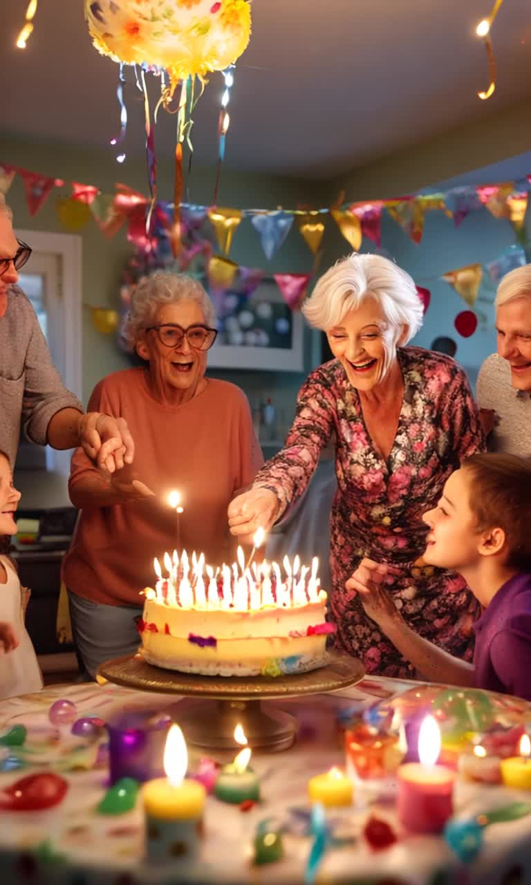 Elderly woman with silver hair adorned in a vibrant floral dress surrounded by loving family members and cheerful friends wearing colorful party hats Joyfully blowing out 120 flickering candles atop an extravagant cake decorated with fresh flowers and shimmering icing Lively birthday decorations fill a cozy living room with balloons and streamers creating a warm and festive atmosphere as sunlight streams through the windows illuminating the joyful celebration