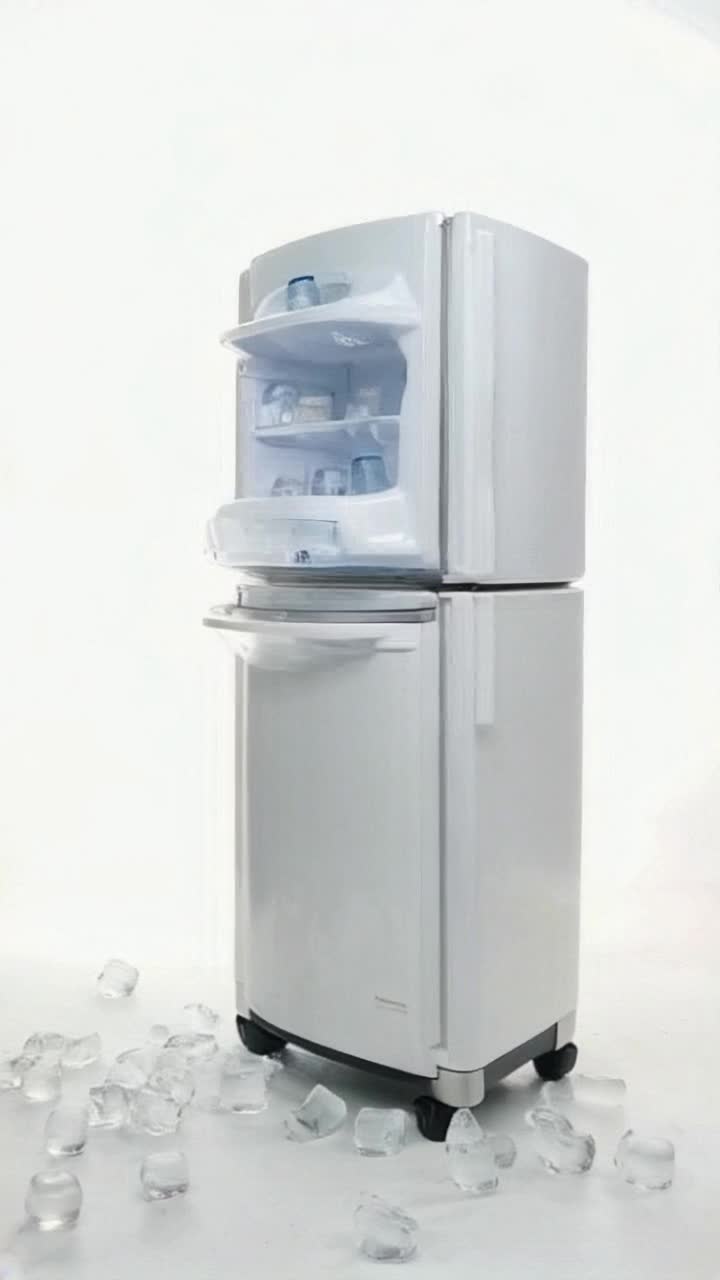 Refrigerador con cubos de hielo cayendo a su alrededor 