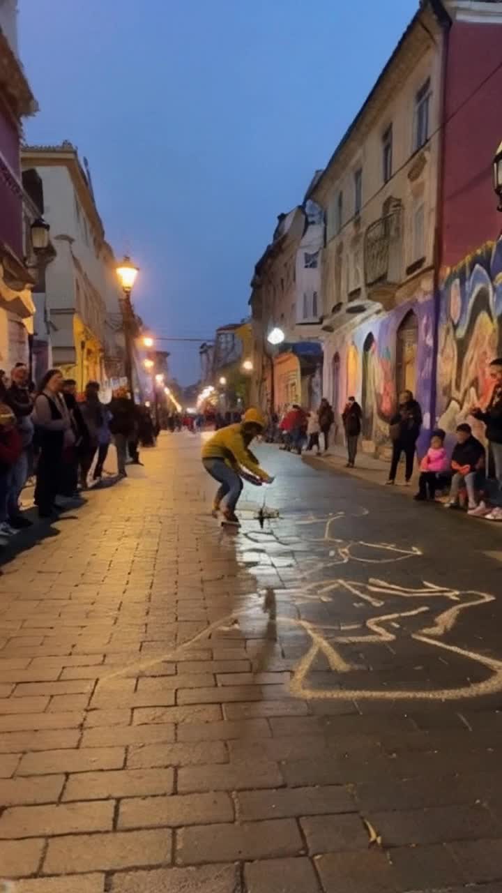 Vibrant street artist dressed in colorful attire performing acrobatic leaps creating whimsical chalk drawings bursting with life enchanting onlookers of all ages filled with laughter and awe transforming dull pavement into a vibrant canvas alive with color surrounded by bustling city streets adorned with murals and graffiti glowing under soft evening light flickering street lamps casting playful shadows adding to the magical atmosphere