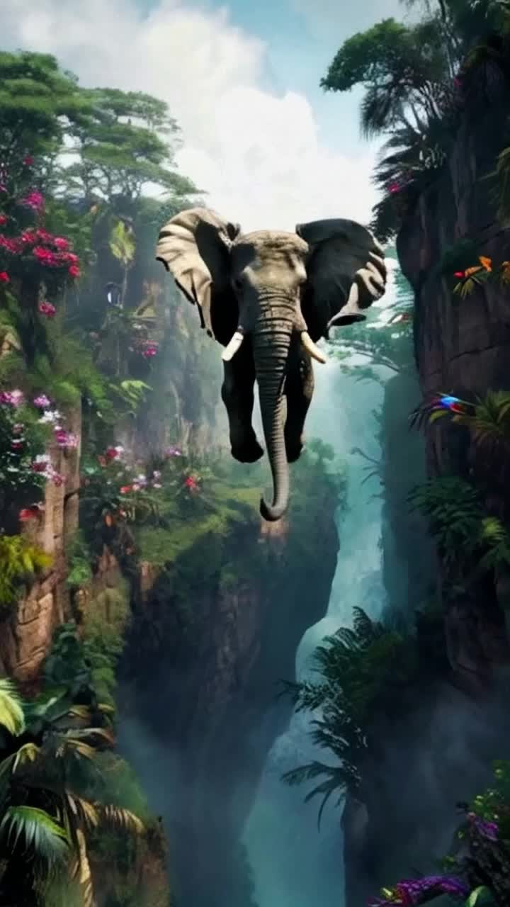 Majestic Ellie the Elephant gleams with sunlight on her textured grey skin soaring through the air with grace and power her large ears flapping like sails in a gusty breeze Vibrant jungle foliage bursts around her with rich greens and splashes of colorful blossoms as she leaps over a daunting chasm full of shadows and mystery tropical birds scatter from the treetops in a kaleidoscope of feathers as they witness her daring flight