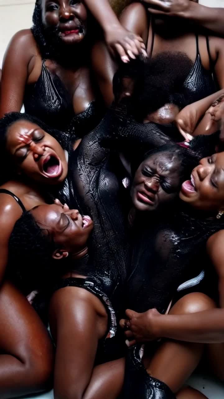 A chaotic multimass black women stuck squishing squirming crying fighting trapped intensely together inside a shared swimsuit struggling Wrestling clinging glued togetherness arguing 