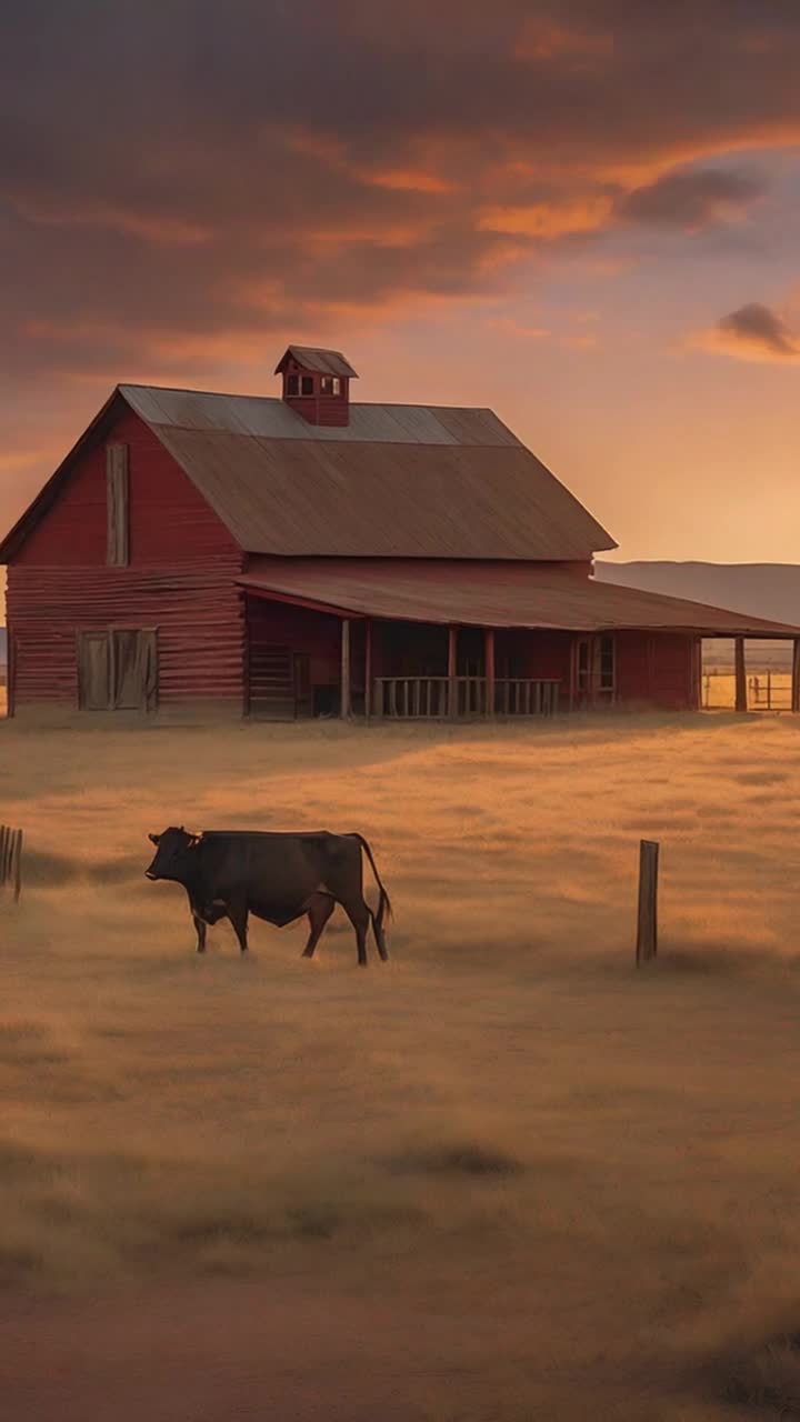 Solitary ranch dwelling nestled in 1940s New Mexico Vast open landscape unfolds beneath a breathtaking golden sunset sky Warm orange light casts elongated shadows over gently swaying dry grass Cattle leisurely graze in the tranquil setting Weathered red barn stands beside an old wooden farmhouse near a split rail fence Dust dances lazily in the air as camera glides smoothly creating a feeling of anticipation In the distance a mysterious shimmer flickers in the sky Cinematic lighting envelops scene with moody desert ambiance Soft wind whispers through grass subtle ambient hums amplify tension Camera lingers on captivating anomaly as scene fades