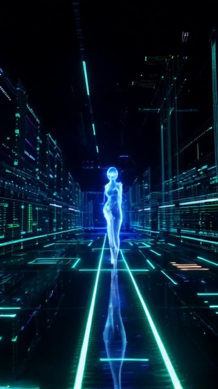 Fierce woman stands boldly with glowing eyes digital avatar shimmering around her glitches through layers of intricate firewalls executing daring maneuvers dodging virtual security systems in a high-stakes rhythmic dance vibrant neon lights flickering across a dark cybernetic landscape pulsing with energy as data streams flow like rivers illuminating her path casting shadows of relentless technology chasing behind her