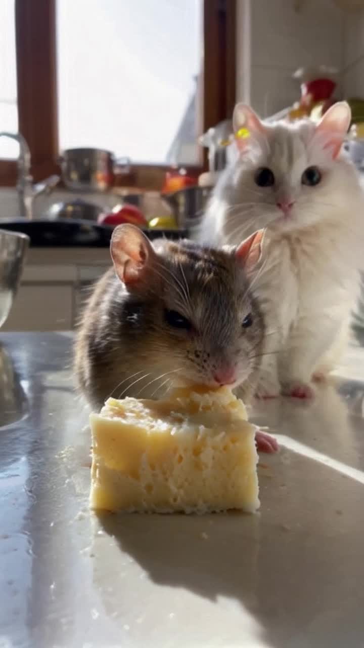 Small curious rat nibbling on a morsel of cheese fluffy white cat watching with wide eyes and twitching whiskers tensionfilled scene bright kitchen countertop with colorful fruits and shiny utensils vibrant sunlight streaming through window casting playful shadows