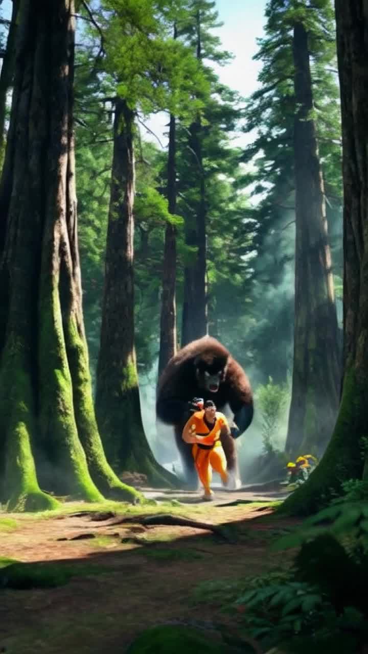 Goku with spiky black hair bright orange gi fierce determination in his eyes sprinting after a towering furry creature Bigfoot tall muscular swift darting through a dense mystical forest lush greenery swirling mist illuminated by dappled sunlight Goku shouting demanding the return of his vibrant red energy drink vibrant can glinting mischievously in Bigfoots grasp surrounded by ancient trees vibrant wildlife watching the chase unfolding with wide curious eyes thrilling intensity capturing an epic showdown between legend and myth