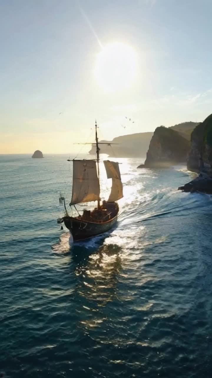 Weathered galleon shimmering under golden sunlight  Sails unfurling gracefully catching ocean breeze  Endless azure waves glistening with sunlit reflections  Distant islands peek through gentle mist  Birds swooping overhead painting vibrant splashes against the sky  Majestic cliffs adorned with wildflowers rise on horizon  Whispers of adventure linger in saltkissed air  Seagulls call echoing the tales of the sea  Nautical relics adorn deck telling stories of forgotten voyages  Creaking wood harmonizes with rhythmic waves  Serene yet powerful presence anchored in timeless beauty