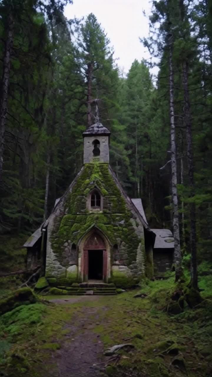 A small once white chapel like church from the 1800s rotting in a deep dark mysterious Northern forest in the USA The church is covered with moss and ivy and there are tangles of weeds and other plants everywhere