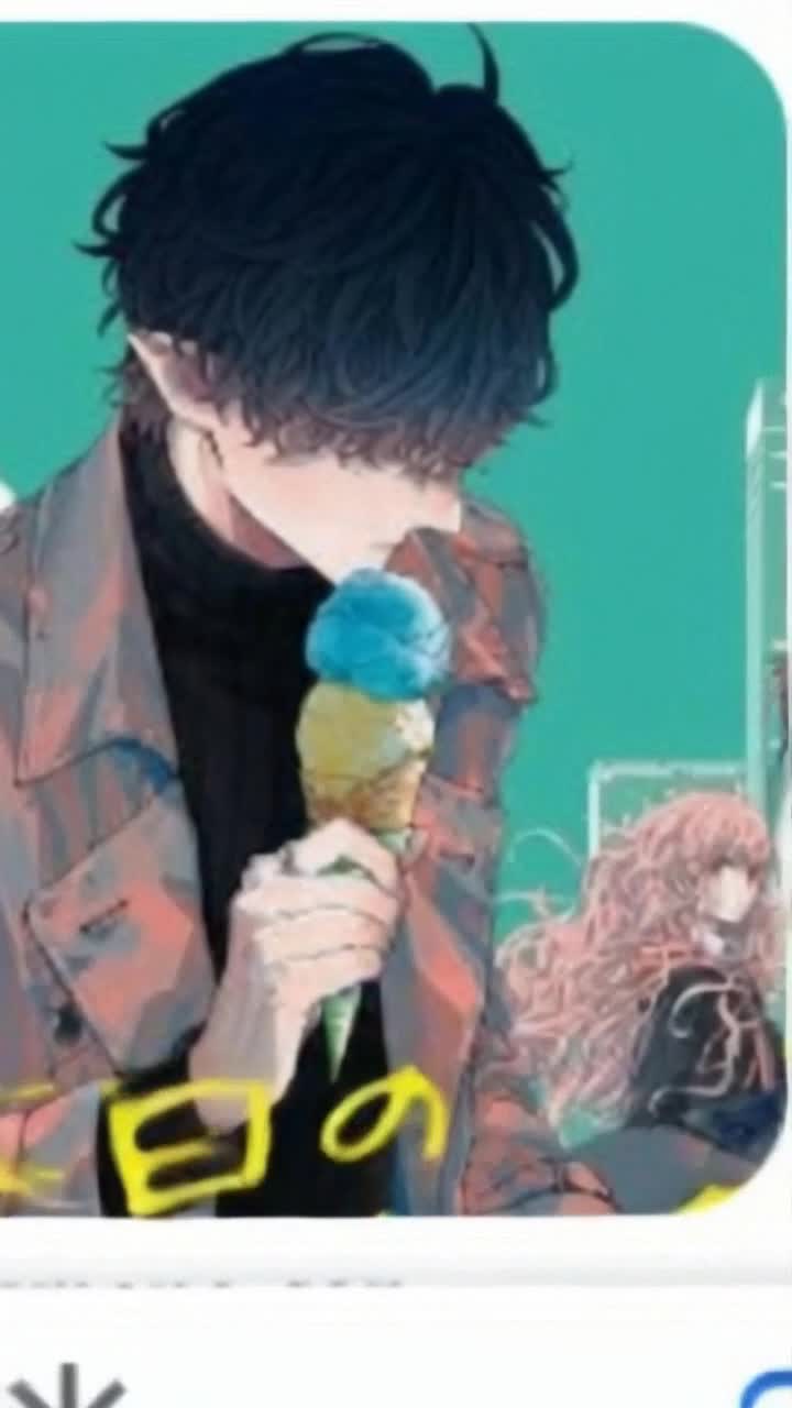 Anime, Mr Villain has fun ice cream on his day off , Watching the edible works if art melt over his hand, as he eats his ice cream