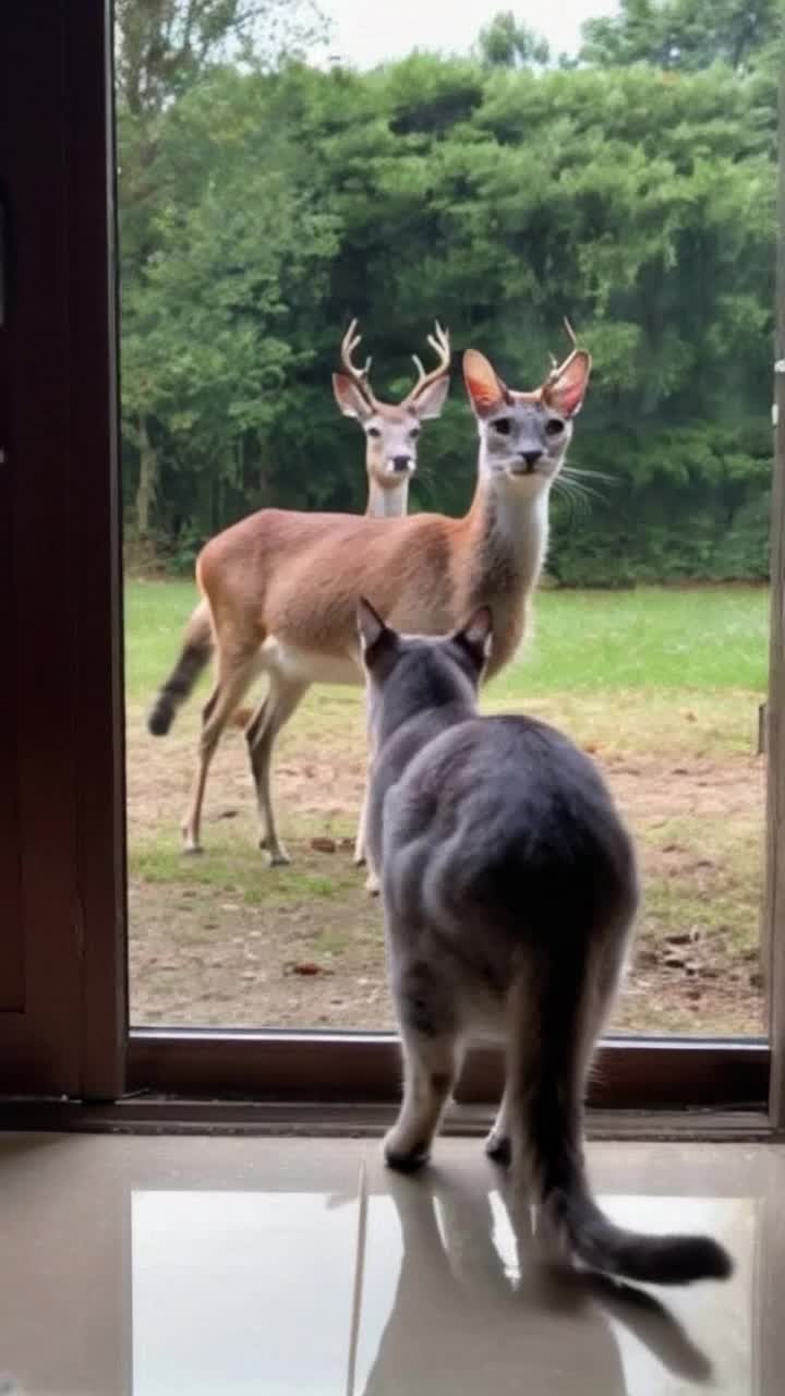short hair siamese cat walking towards glass door with a toy mouse in its mouth gets to the door and sees 2 deer at the glass door and drops toy and stares lovingly at the deer