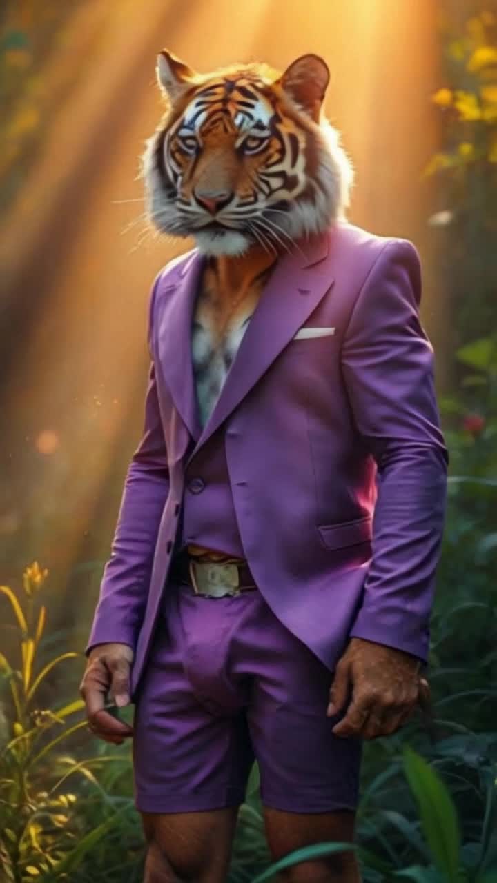 Tiger man hybrid in purple suit is rocking in rocking chair, he leaps out of the chair and makes a dash for the sunny windows, tiger man leaps outside from interior of window and the suit stays snagged ripped on glass shards, but the tiger is outside and a full happy tiger again