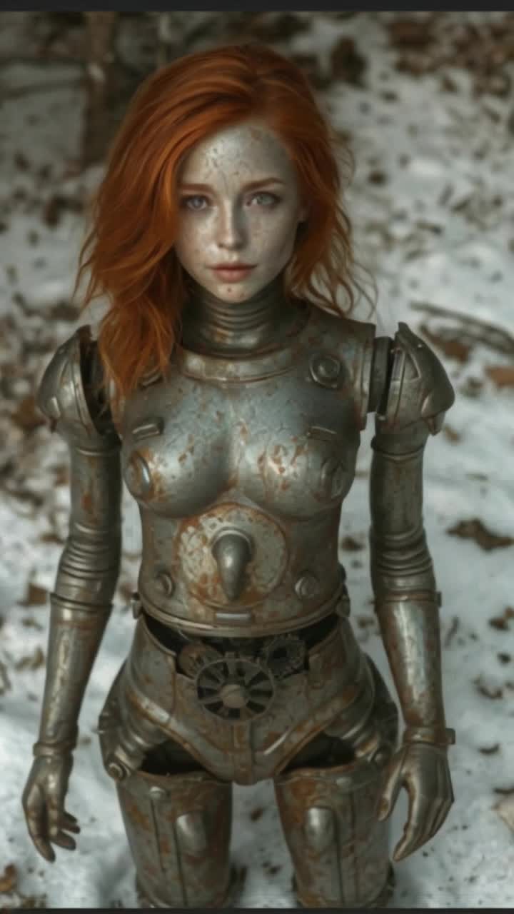 A beautiful red head robot stands frozen as pieces of her break from her body onto the snow