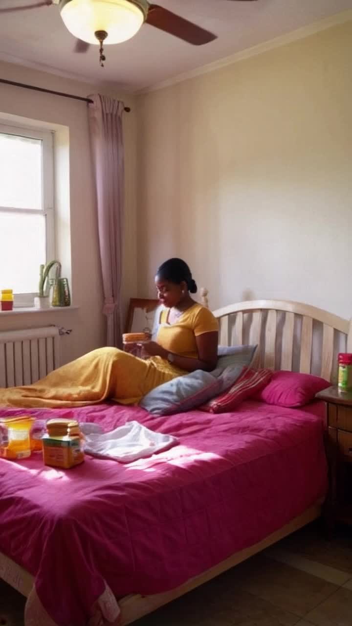 South Indian mother rises at dawn sunlight streaming through window gentle camera pan from peanut butter jar to her serene sleeping face Awakens with purpose prepares golden toast slathered in rich peanut butter packs colorful tiffins dresses her cheerful children and supportive husband waves goodbye with warmth Embarks on house cleaning with vibrant energy and genuine smiles After completing chores savors quiet moment enjoying peanut butter toast in tranquil kitchen Warm emotional ambiance fills air soft music evolving into upbeat rhythm Closing with Every Strong Morning Begins with Vino Peanut Butter closeup of her beaming happiness illuminating the scene 