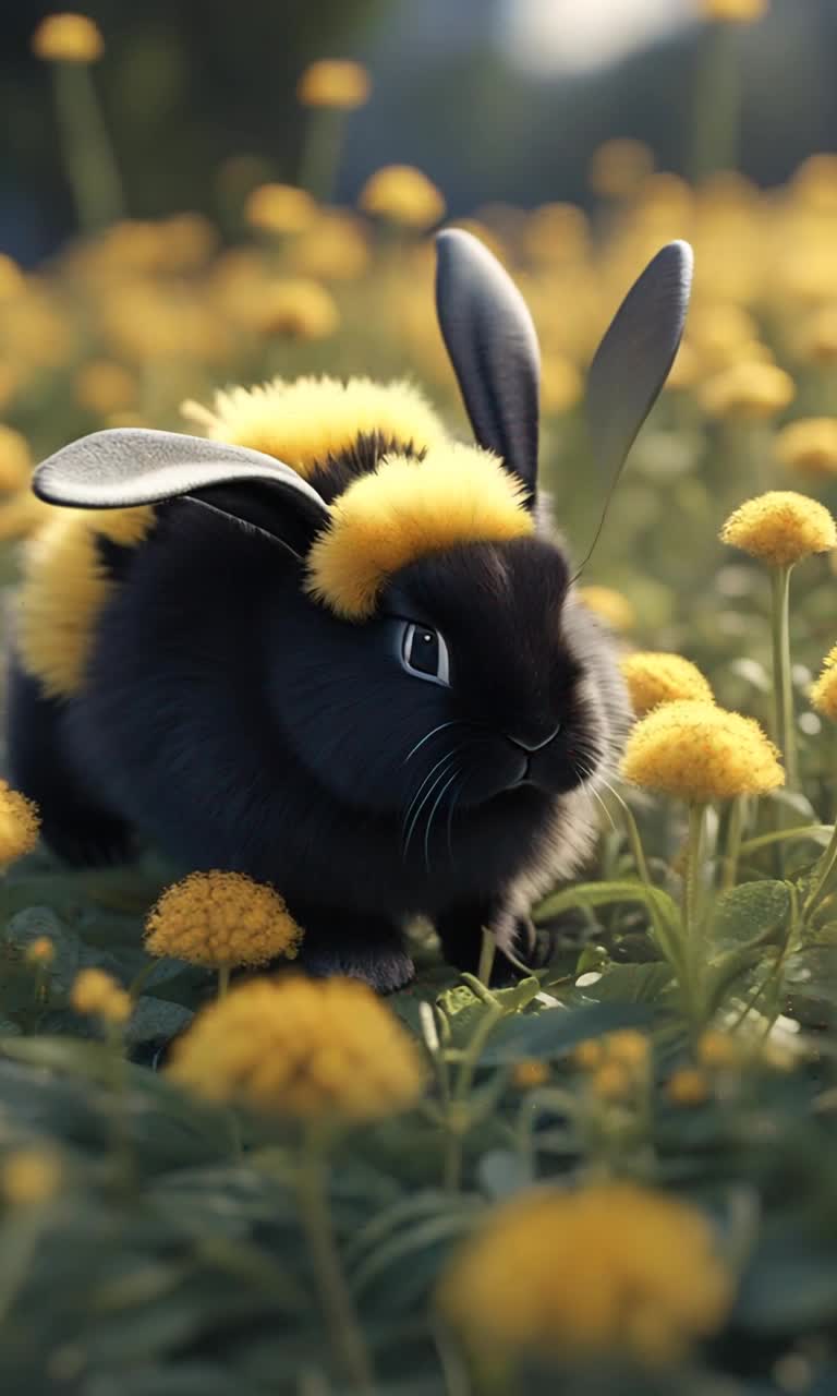 An adorable fat and fluffy bumblebee sprinkles golden pollen over the shiny black nose of an adorable fluffy black bunny that amazingly spreads open cute fluffy wings as the bunny sneezes, turning into a giant rabbit like dragon and the cute fat fluffy bumblebee flutters away