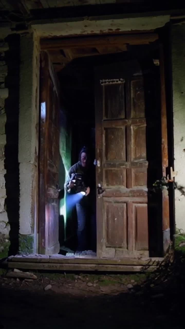 The man steadies the camera as the woman creeps into the shadowy, dilapidated doorway of the abandoned house, her flashlight lighting up the darkness Suddenly, her voice pierces the silence when she sees an eerie apparition flickering in the corner, and she screams, sending a rush of adrenaline through both their veins In a frantic attempt to capture the moment, the man zooms in on the spectral figure as he instinctively moves closer, drawn by her shock and the haunting energy of the house