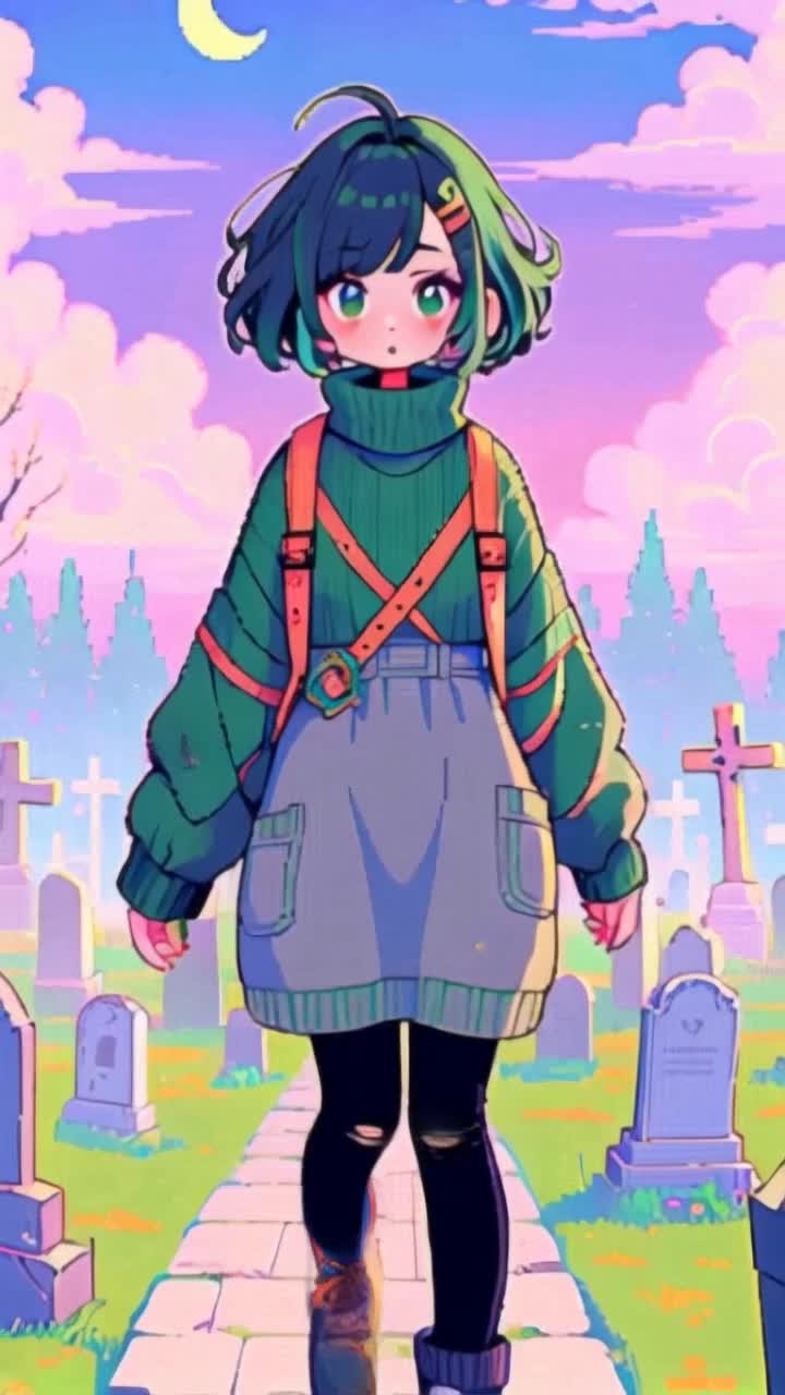 Quizzical girl walks through an eerie graveyard, pink and purple sunset sky, slow zoom out motion, 4k high resolution, 1080 pixels, description by csherriereevoices 
