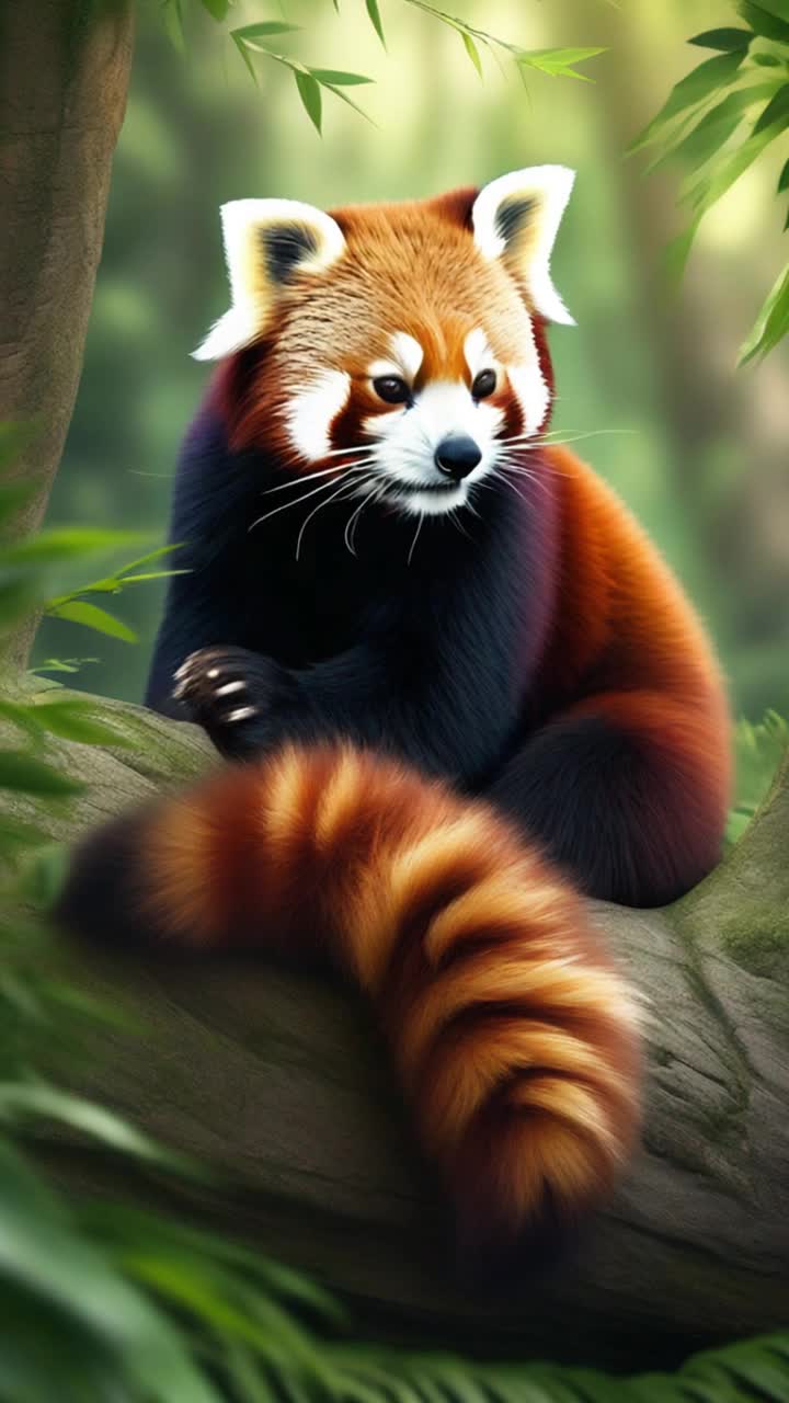 Vibrant red panda nestled on lush green foliage munching tender bamboo leaves playfully arching its back against a smooth weathered boulder glistening in dappled sunlight surrounded by a serene forest filled with tall swaying trees and chirping birds gentle rustle of leaves whispers soft melodies adding to tranquil atmosphere