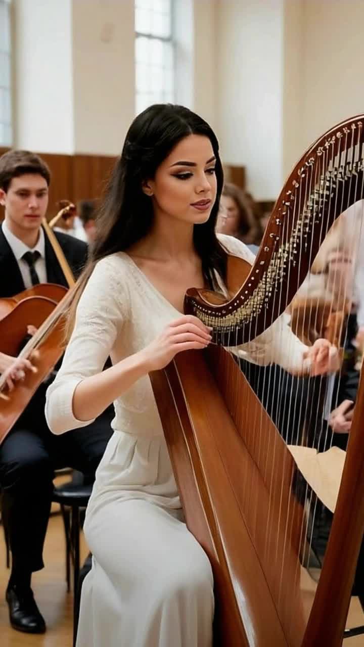 Elegant woman with flowing gown seated gracefully plucking harp strings radiant smile enchanting melodies enveloping her surroundings mesmerizing movement of  dancing across the strings vibrant orchestra surrounds her with musicians passionately performing colorful stage illuminated by soft warm lights creating an atmosphere of sophistication and harmony rich tapestry of sound filling the air transporting listeners to a realm of beauty and artistry