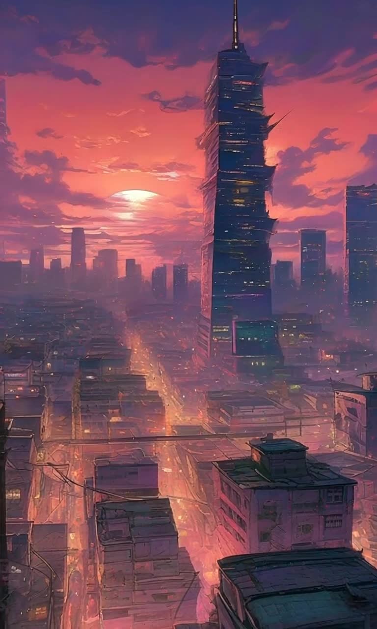 A abandoned big city with massive sky scapers and lots of neon signs and vibrant colors. Sun is starting to set as birds start to fly through the sky.