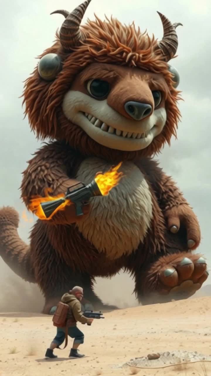 Giant menacing stuffed animal with glimmering eyes stomps forward towering over fleeing person Flames erupt from its flamethrower igniting surrounding land Ground shakes violently with each thunderous step as shadow looms overhead Sky bends as if caught in a sandstorm As the creature lunges its enormous plush hand snatches the terrified figure enveloping him in its cavernous mouth