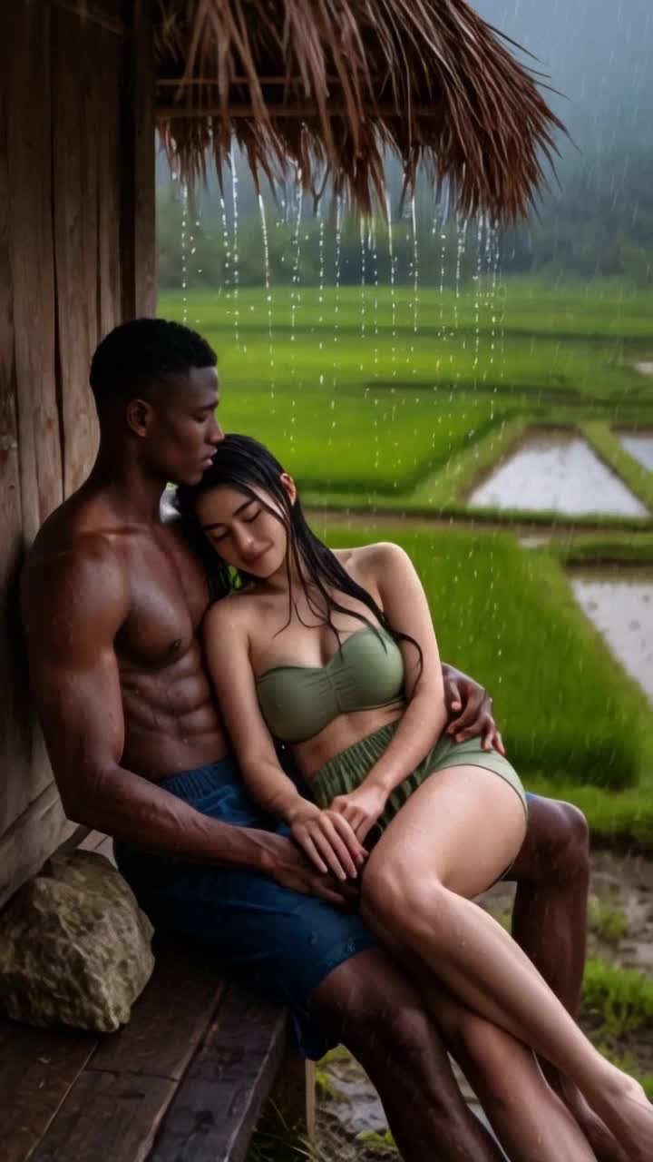 heavy rain, man hugs woman tightly romantically