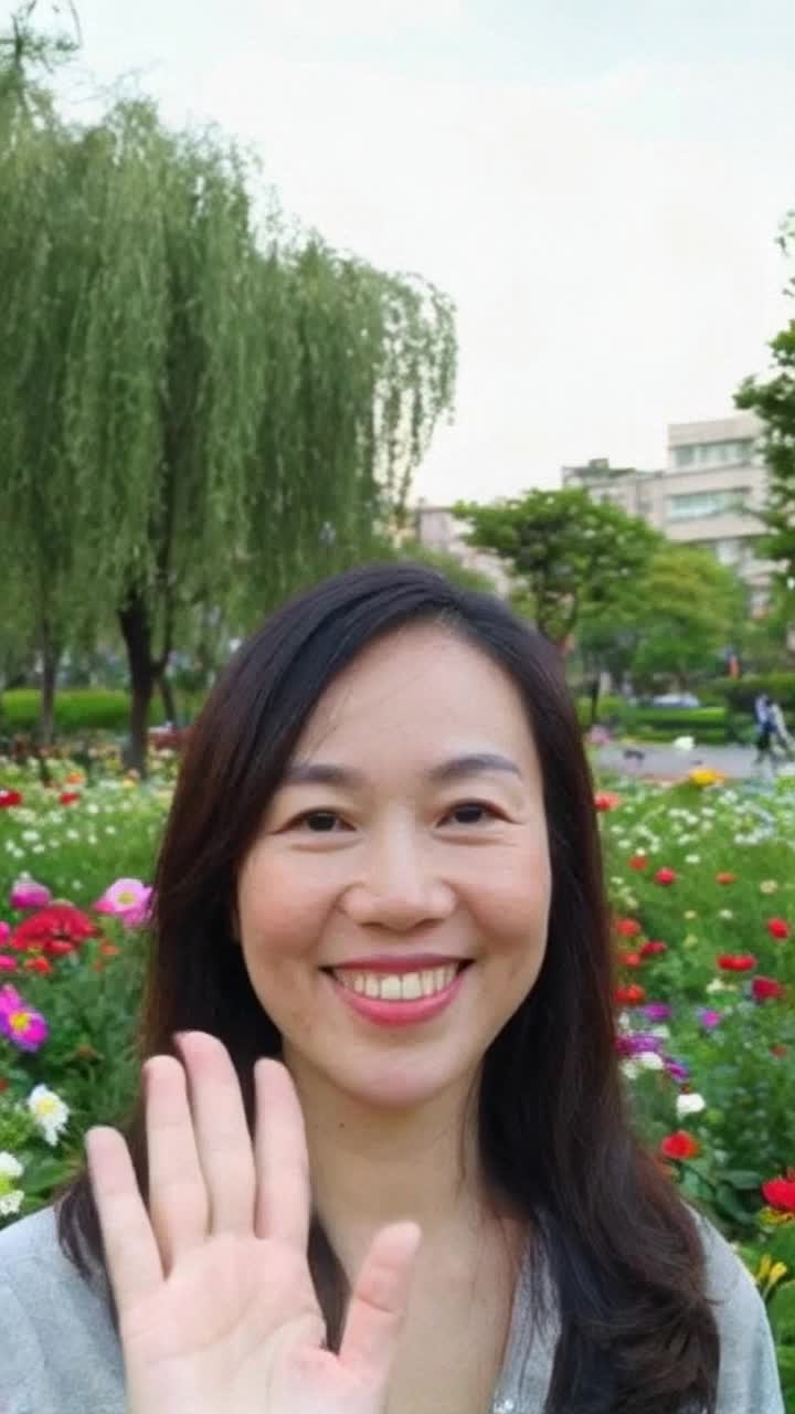 Bright smiling face waving enthusiastically Energetic motion of hand waving Vibrant urban park filled with blooming flowers and chirping birds