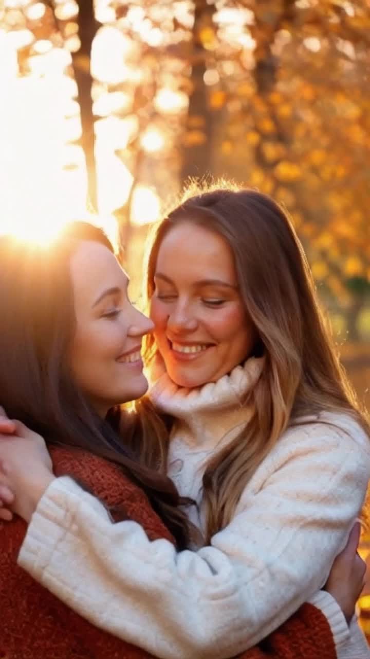 Warm embrace between two friends, joy filling their faces, gentle smiles exchanged, pulling together with affection, sunlight streaming through vibrant autumn leaves, soft rustling of branches overhead, cozy atmosphere enveloping them, golden rays casting a magical glow on their connection