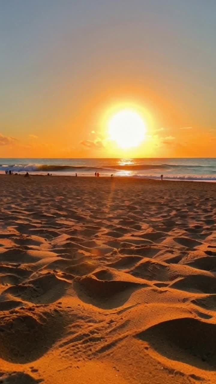 Glowing orange sun radiating warmth  Baking down on sunkissed sand  Vibrant beach scene with swirling ocean waves shimmering under bright blue skies