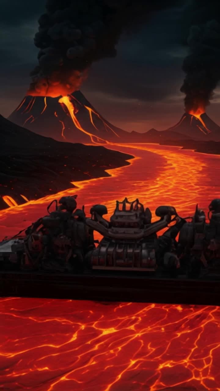 towering war machines on a heavy barge navigate a lava river flowing from massive volcanoes These arent frail droids, but huge, steel constructs with crimson eyes Ash fills the fiery orange and gray sky as the barge, seemingly immune to the intense heat, slowly advances The only sounds are the groaning metal, roaring lava, and hissing steam, a destructive symphony for these silent titans on their ominous journey